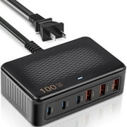 Fast Charger USB C Charger Block , 100W GaN 6 Port Type C Charging Station Hub, Wall Charger Power Strip Adapter Plug for iPad iPhone 16 15 14 13 12 Pro Max Pixel Note Galaxy, 5ft Cord (Black)